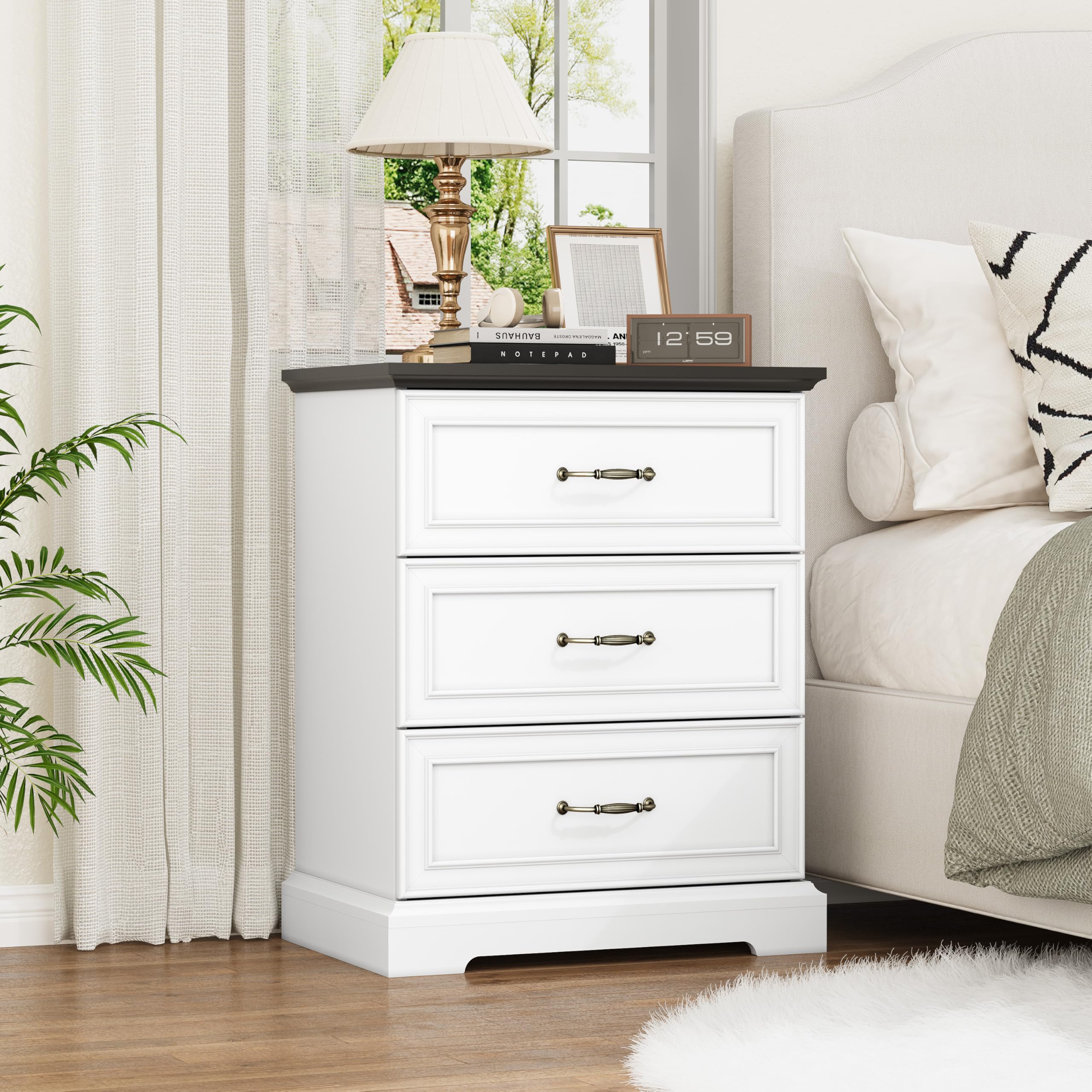 Thacuok White Nightstand with 3 Large Drawers, Farmhouse