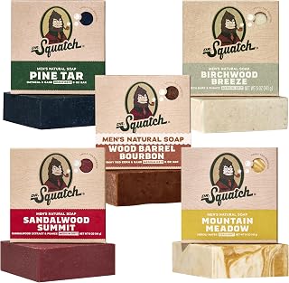 Dr. Squatch Natural Men’s Bar Soap - Cold Process Body Soap Bar with Natural Oils - Gifts for Men - Sandalwood Summit, Pine Tar, Birchwood Breeze, Wood Barrel Bourbon & Mountain Meadow (5 oz, 5-Pack)