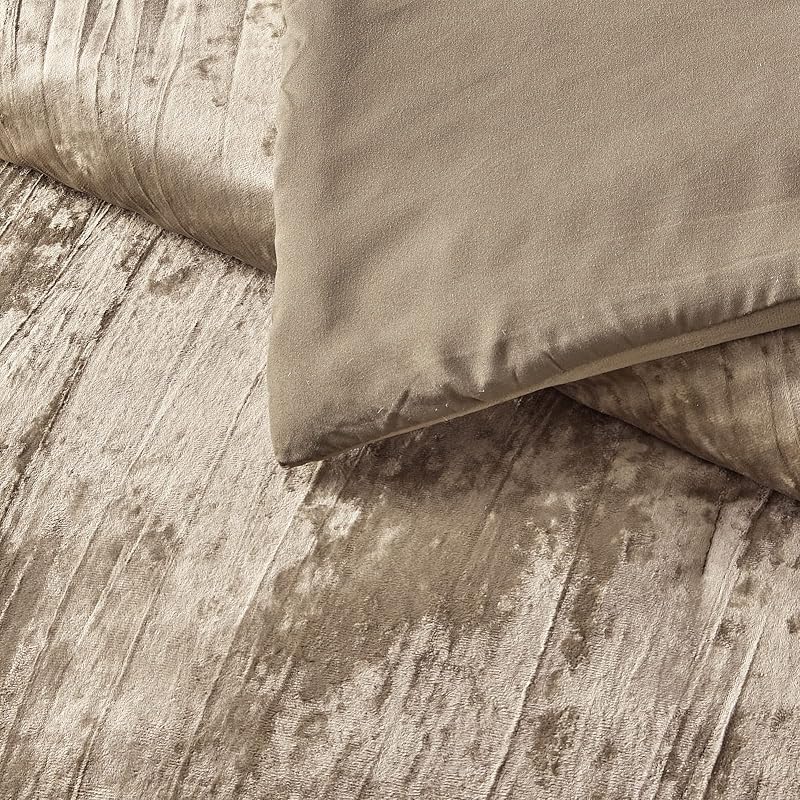 Fredsure Crinkle Velvet Comforter Set, 3 Pieces Khaki King, Crinkle Velvet Face and Brushed Microfiber Reverse, with Light Poly Fill image 5