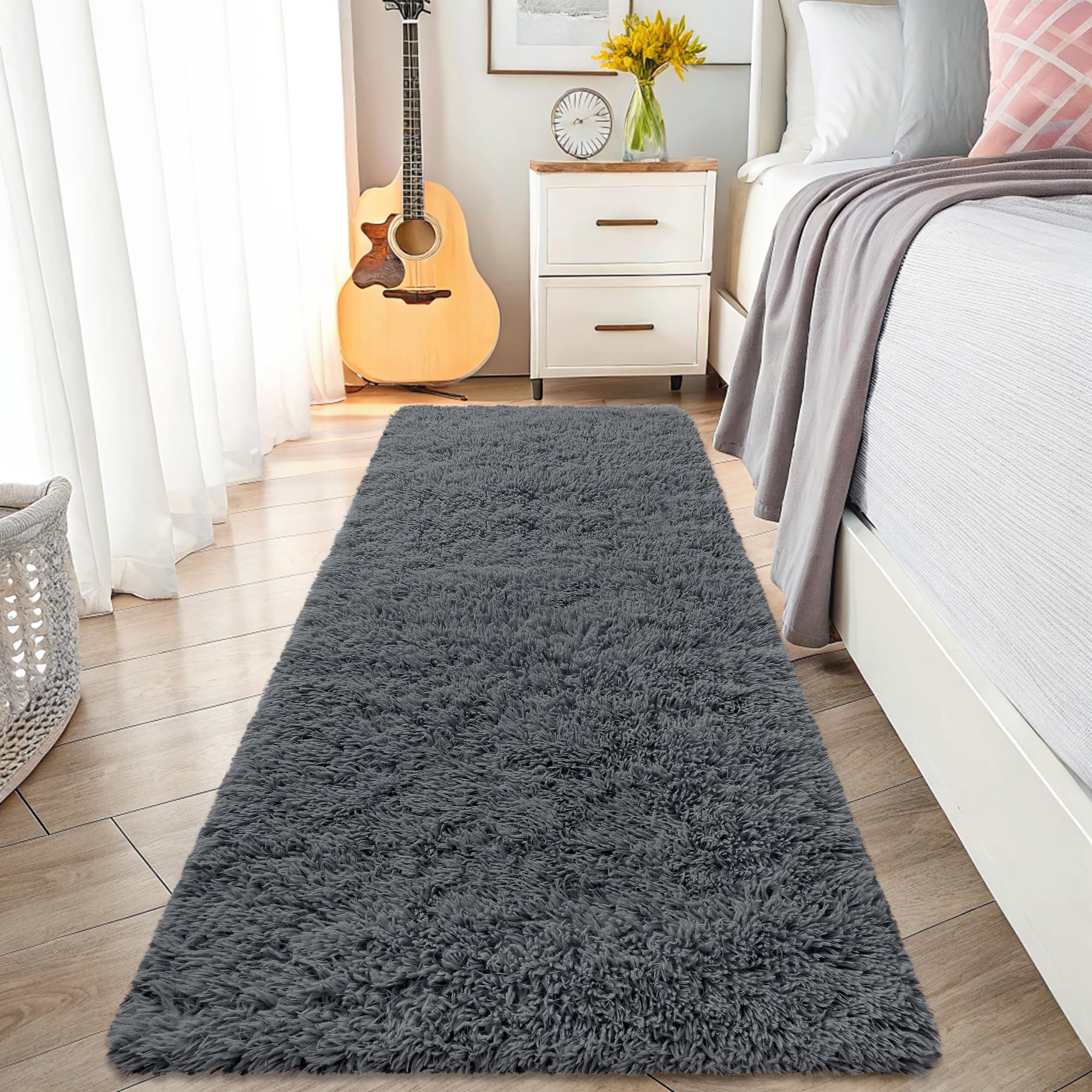 smiry Fluffy High Pile Rugs Living Room, Anti Slip Shaggy Soft Carpet, Machine Washable Modern Large Thick Area Rugs for Bedside, Kids Bedroom - Dark Grey, 90 x 210 cm