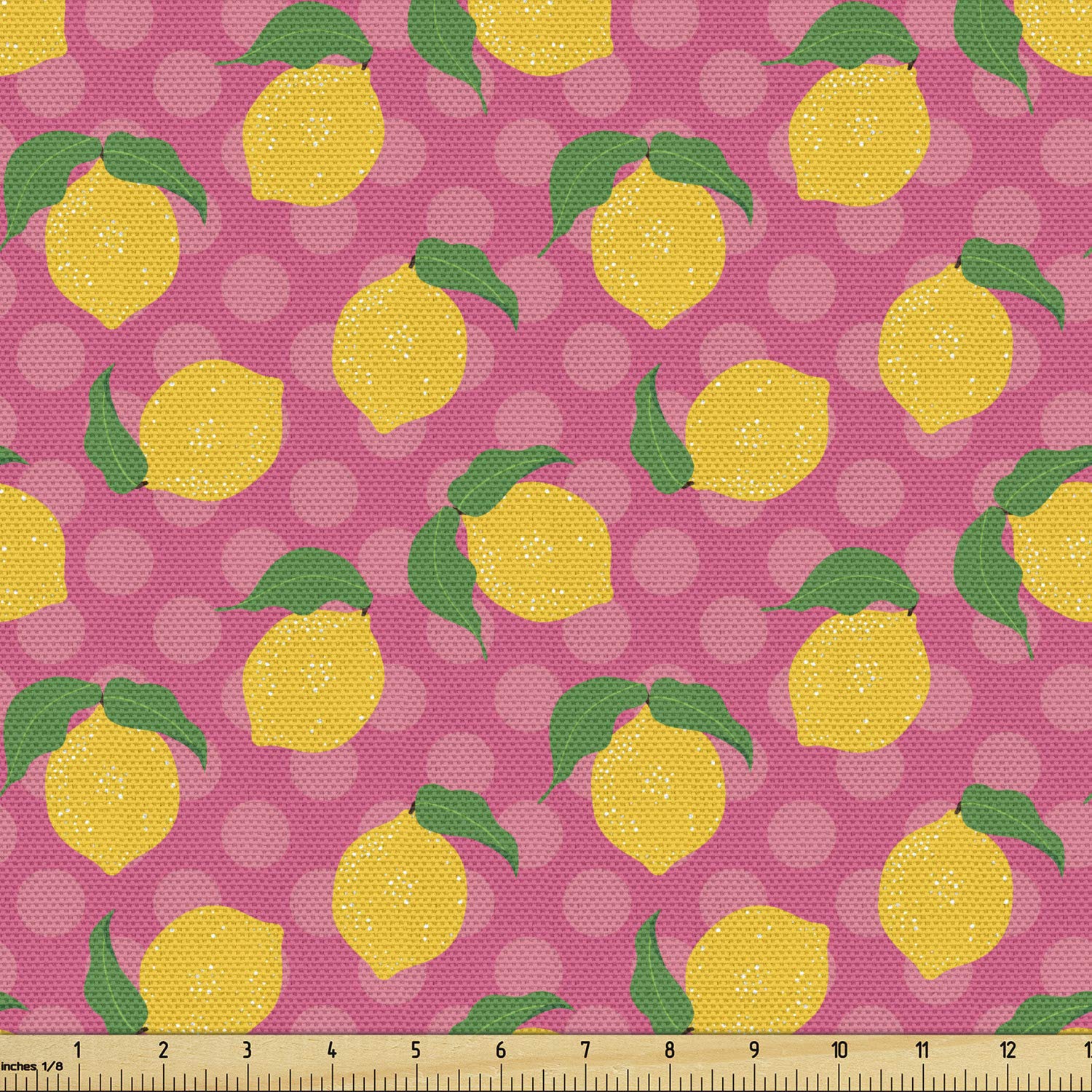 Ambesonne Lemon Fabric by The Yard, Lemons with Leaves on a Background of Polka Dots, Decorative Fabric for Upholstery and Home Accents, 1 Yard,