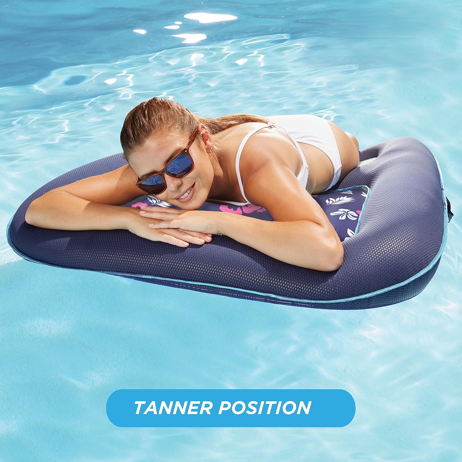 Aqua Campania Ultimate 2 in 1 Recliner & Tanner Pool Lounger with Adjustable Backrest and Caddy, Inflatable Pool Float, Navy Hibiscus (AQL14856AZ) : Toys & Games