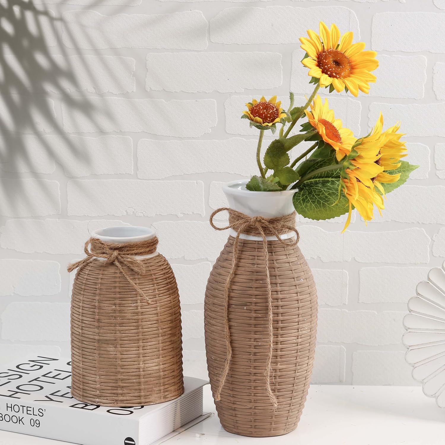 TERESA'S COLLECTIONS Spring Vase,Rustic Farmhouse Rattan Ceramic Vases for Pampas Grass, Boho Home Decor for Table Centerpiece Mantel Living Room,Housewarming Gifts for Mom,Valentine Vase Set of 2,10"