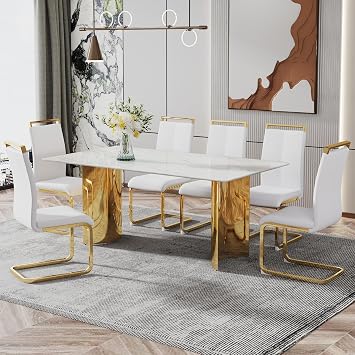 Marble Dining Table Set for 6, 6 Seater Dining Table Set,6 Person Dining Table Set with Glass top and Chrome Metal Base,7 Piece Dining Table Set for Dining Room,Kitchen71"