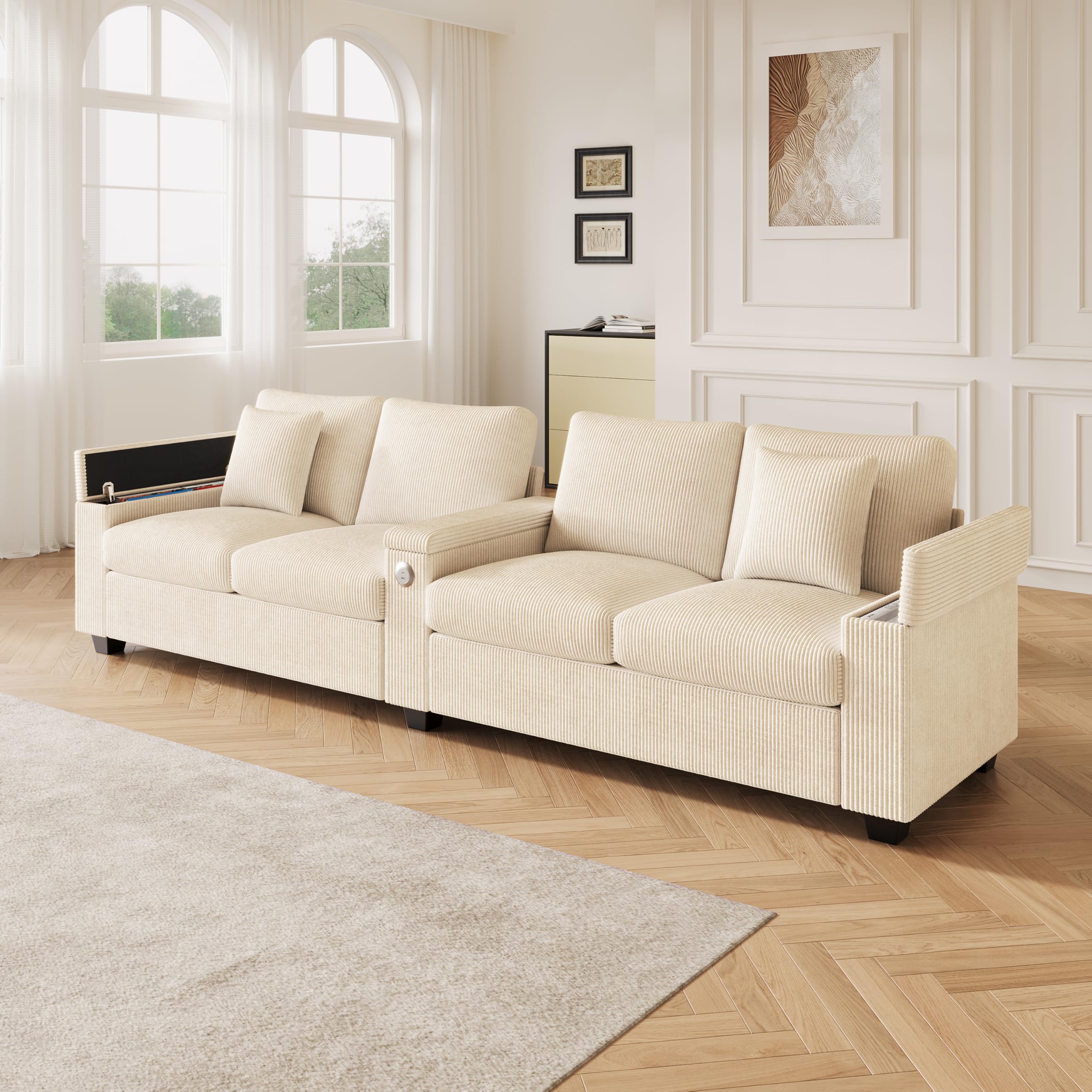 Azkoeesy Divano Moderno a 4 Posti, Lunghezza 3 m, Velluto (Beige) | per Salotto e Ufficio, 2 Cuscini, Presa USB, 3 Braccioli con Cassetto, Sedute e Cuscini Lavabili e Sfoderabili