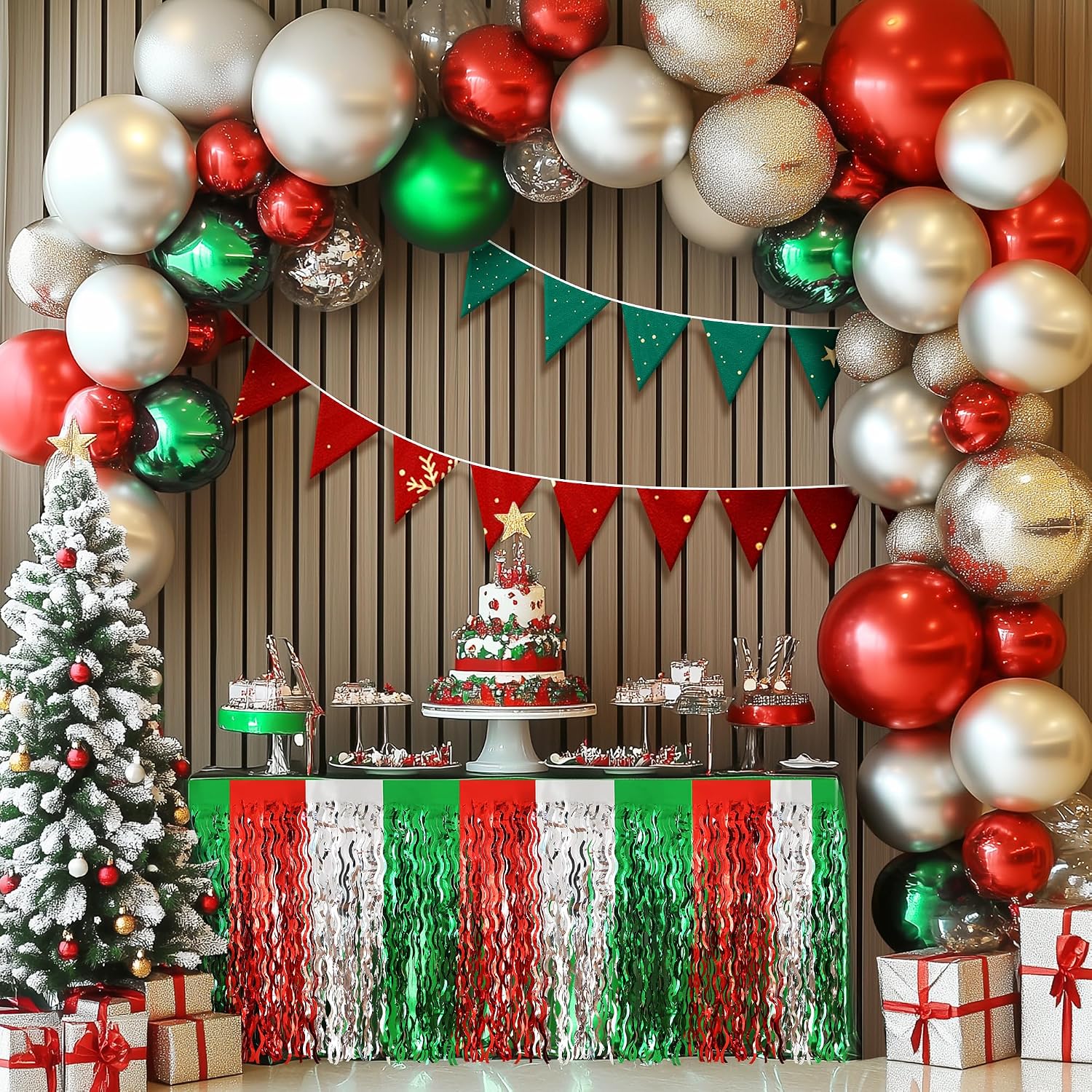 2 Pack Christmas Wavy Table Skirts, 30x108" Red & Silver & Green Metallic Tinsel Foil Fringe Table Skirt for Rectangle and Round Tables, for Birthday Decorations Xmas Weddings Party Supplies