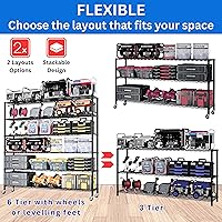 Vista 5 de Estantería de grado industrial de 6 niveles con ruedas, estante de almacenamiento de acero negro ajustable resistente sin herramientas, ruedas