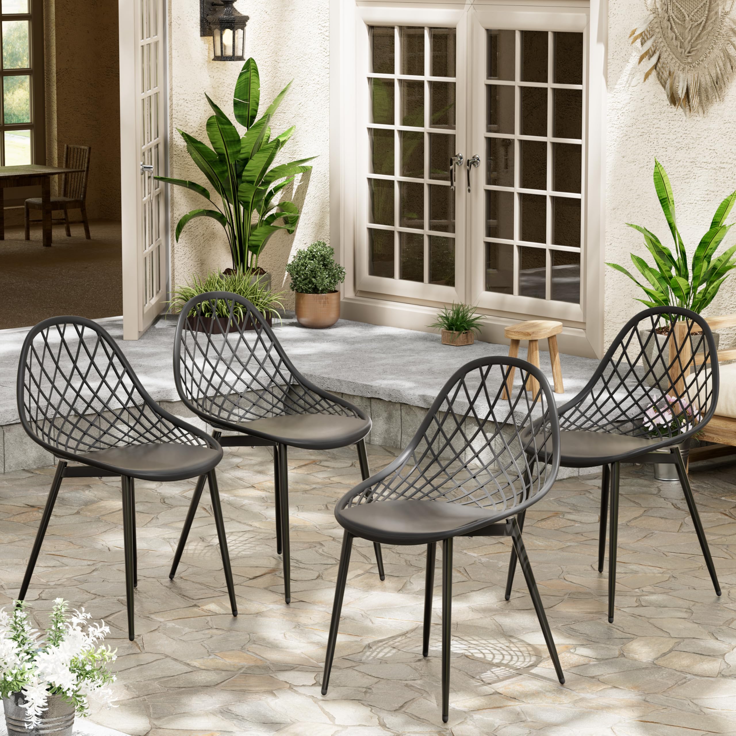 buybyroom Garden Chairs, Set of 4, Outdoor, Dining, Black, Iron Frame, Polypropylene Seat, Adjustable Footrest