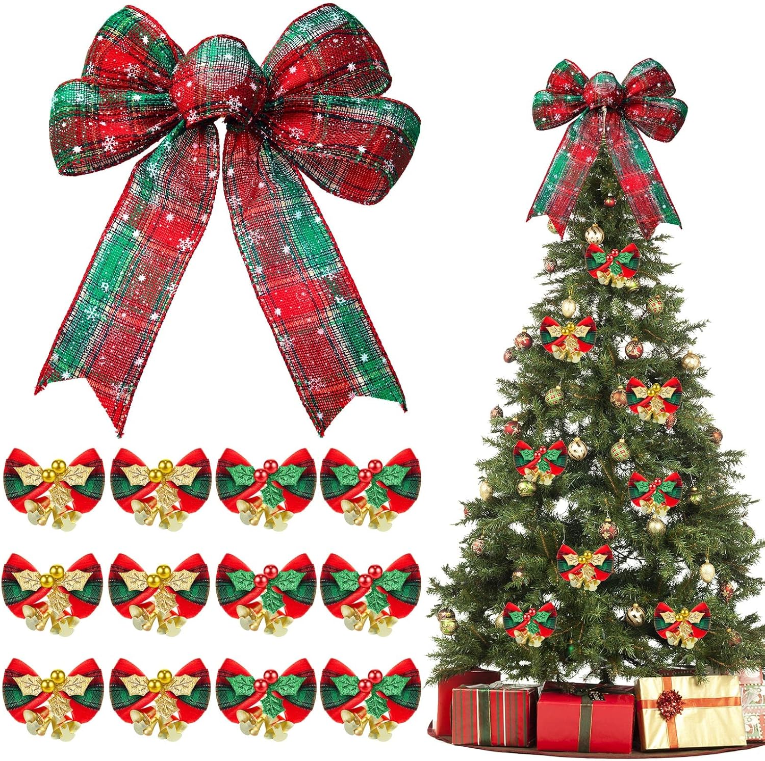 Syhood 13 Pieces Buffalo Plaid Christmas Bows Red Green Gold Christmas
