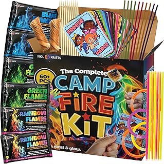 Complete Campfire Kit , Box include 6 Magical Color Changing Fire Packs, 20 Game Cards, 10 Glowsticks, 2 Fire Starters, 10 Incense Sticks, 10 Bamboo Sticks, Fun Camping Set, Outdoor Parties, Campfire