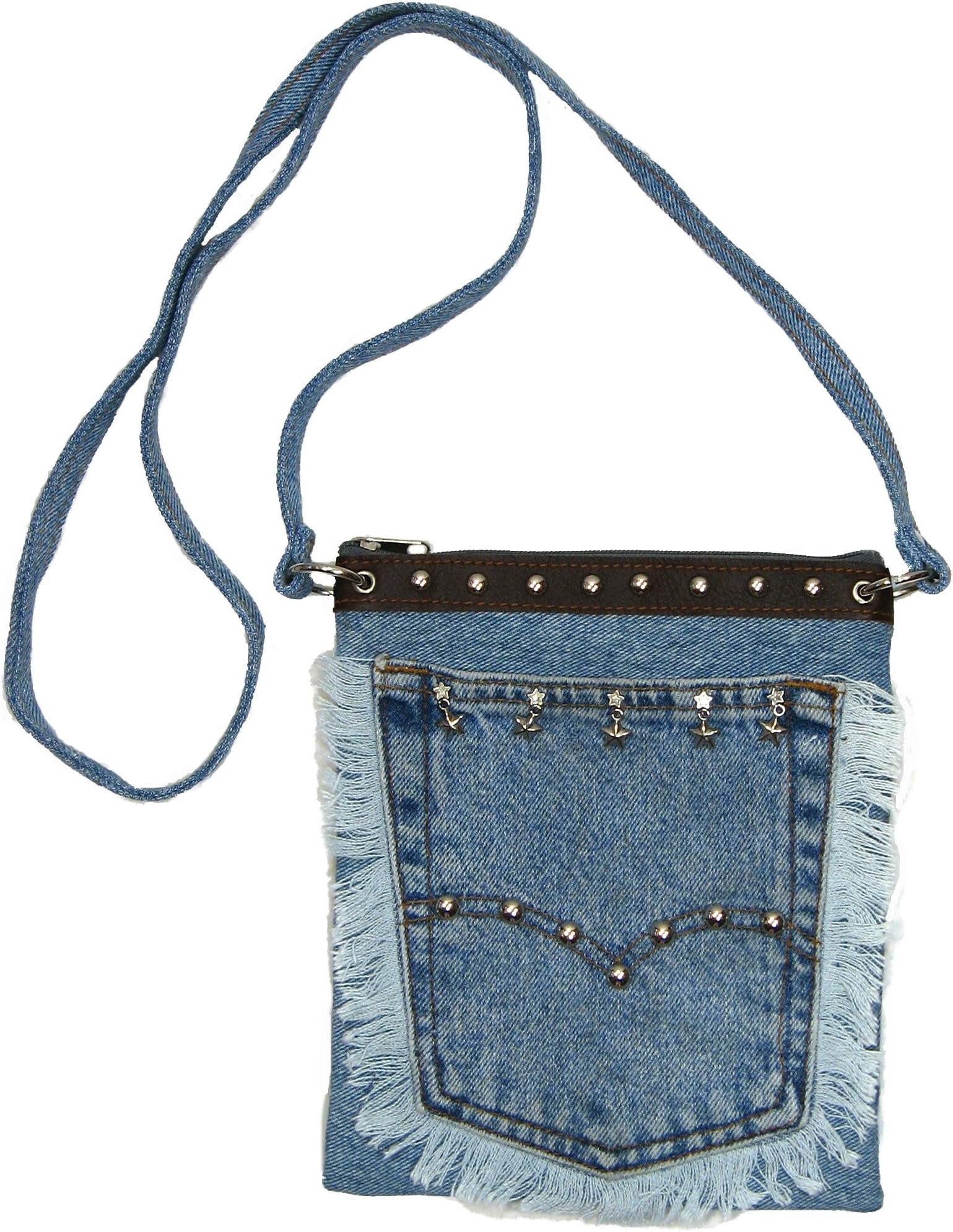 Blue Denim Small Mini Pouch Crossbody Bag with Fringe, Studs and Stars