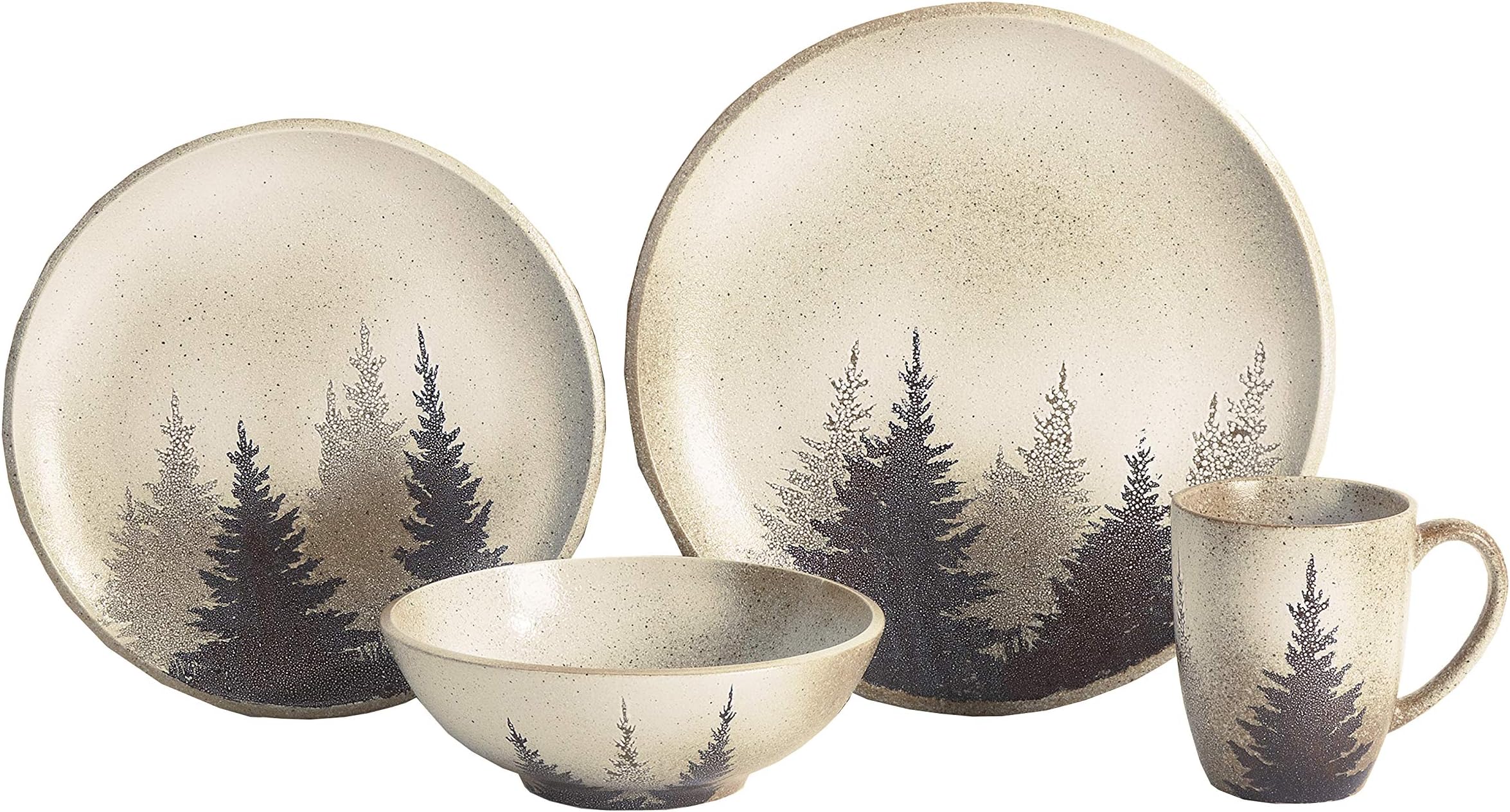 Paseo RoadRustic Dinnerware Set Clearwater Pines Ceramic 16 Piece Forest Pine Tree Theme Dishware Set with Dinner Plates, Bowls, Salad Plates, Coffee Mugs, Log Cabin Dish Set for 4