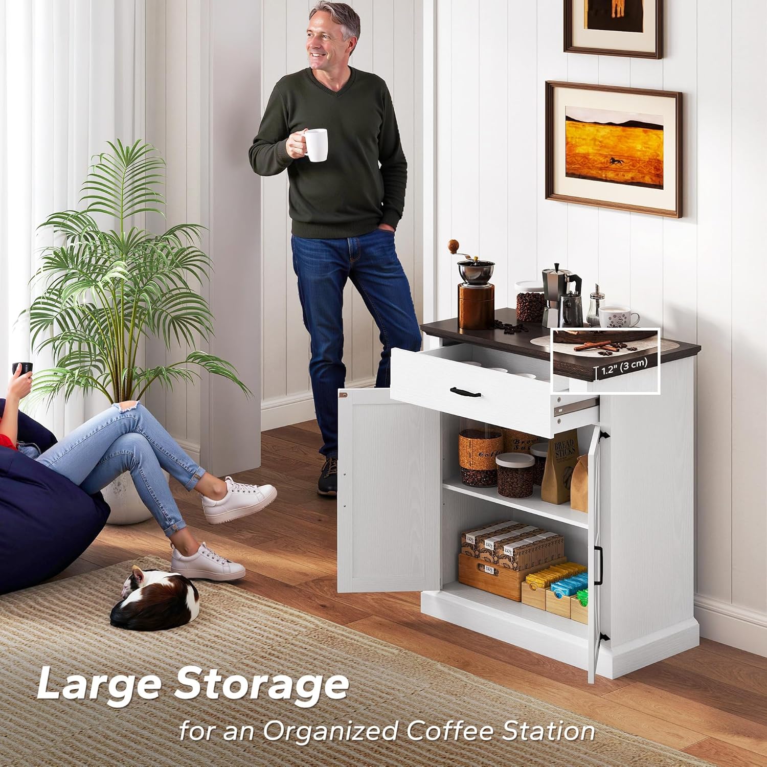 Image showing the cabinet with its doors open, revealing organized storage for coffee beans, mugs, and other kitchen items.