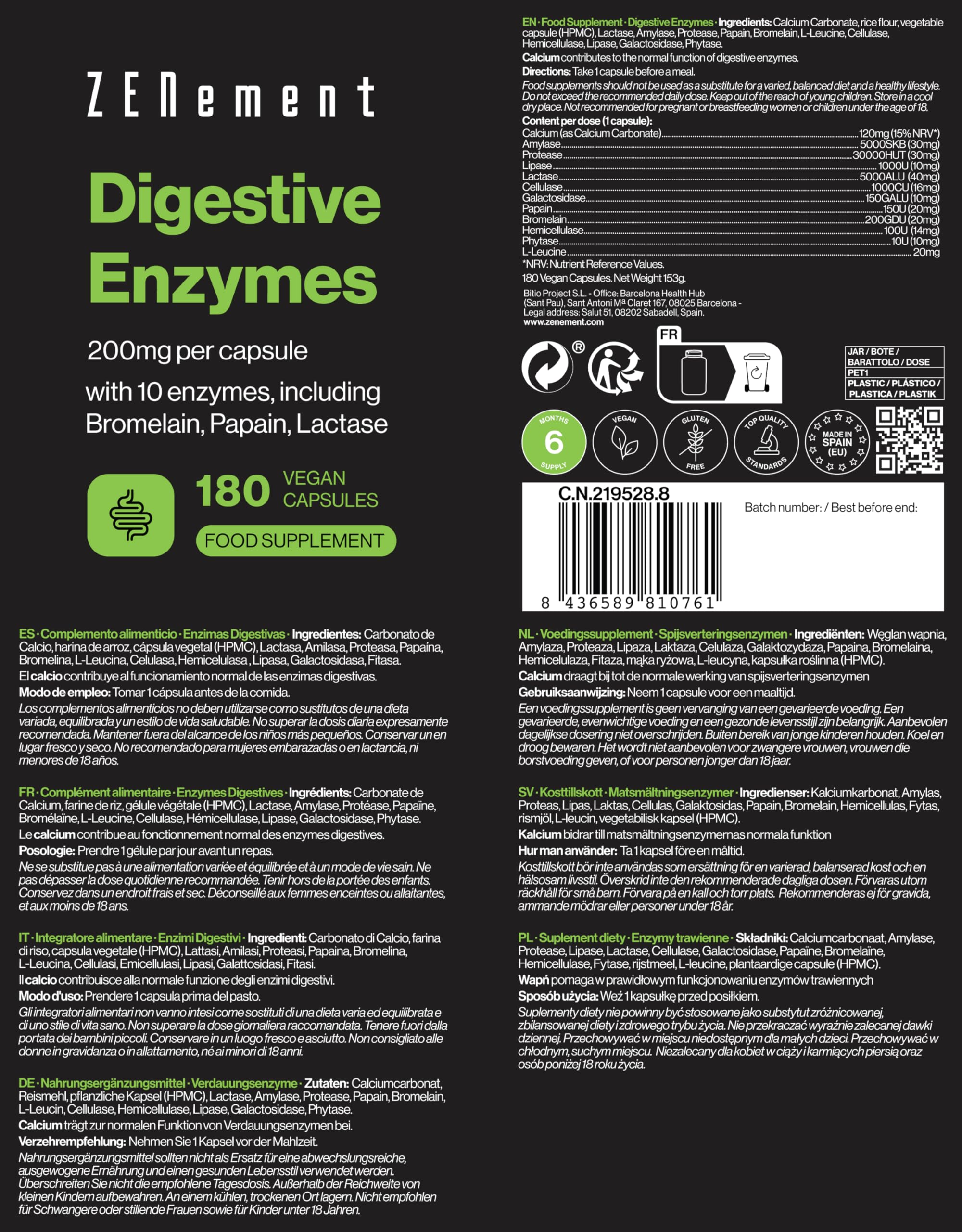 Enzymy Trawienne - 10 Enzymów w tym Bromelaina i Papaina, Wysokie Stężenie - 200mg na Kapsułkę - 180 Wegańskich Kapsułek - Odpowiednie dla Wszystkich Diet - Bez Dodatków, Bez Glutenu