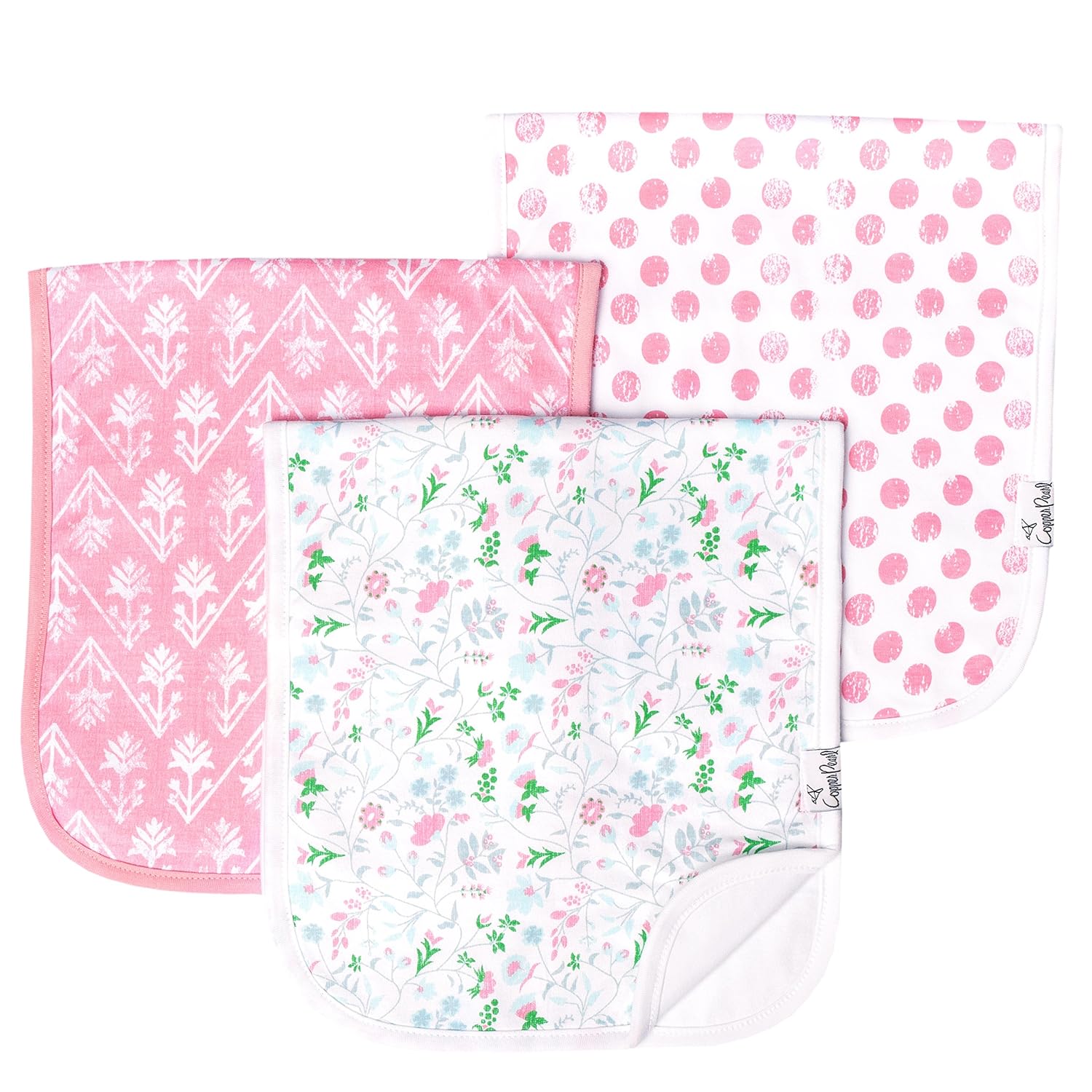 Copper Pearl Premium Baby Burp Cloths - 3-Pack Large Cotton Burp Cloths, Extra Soft Spit Up Rags with 3 Absorbent Layers, Perfect for Baby Girl Gifts (21" x 10" Size, Claire Set)