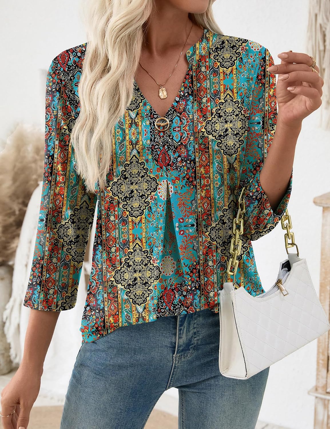 LOMON 3/4 Length Sleeve Womens Tops V-Neck Blouses Dressy Casual Flowy Shirts Business Tunic to Wear with Leggings S-3XL