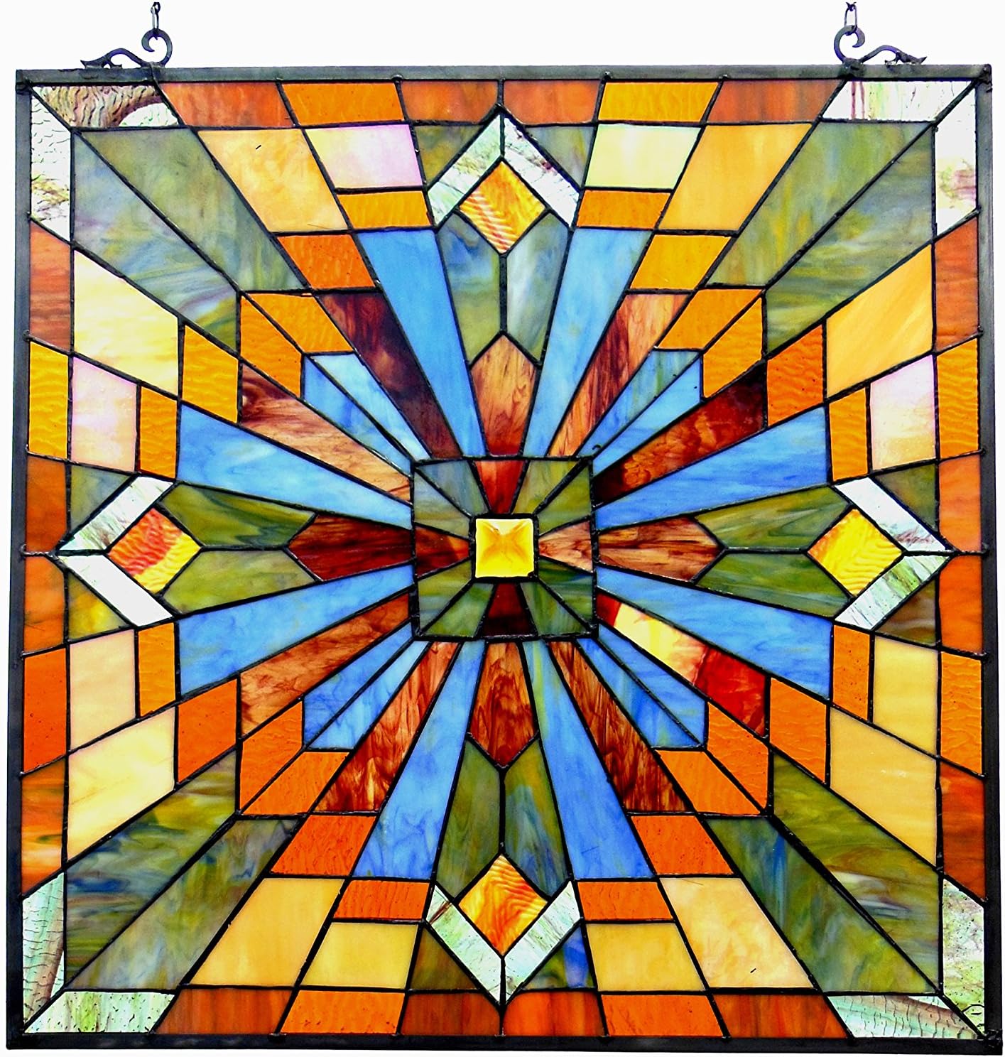 28 Inches Rectangular Scrolled Tiffany Glass Window Panel, Multicolor main image 0