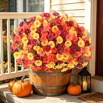 26 PCS Faux Mums Artificial Fall Flowers for Outdoor Planter, Orange Yellow