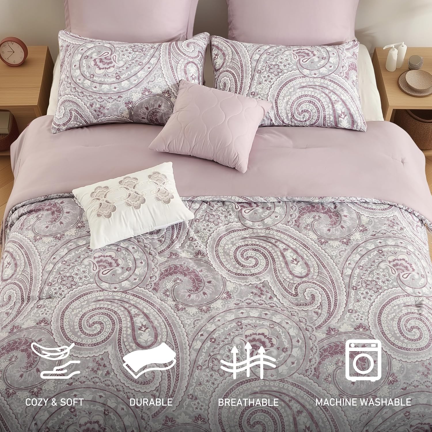 Boho Comforter Set Cal King Size, 8 Pieces Soft Bohemian Bedding All Season Paisley Floral Bed Set with Comforter, Bedskirt, Shams, Dec Pillows, Plum