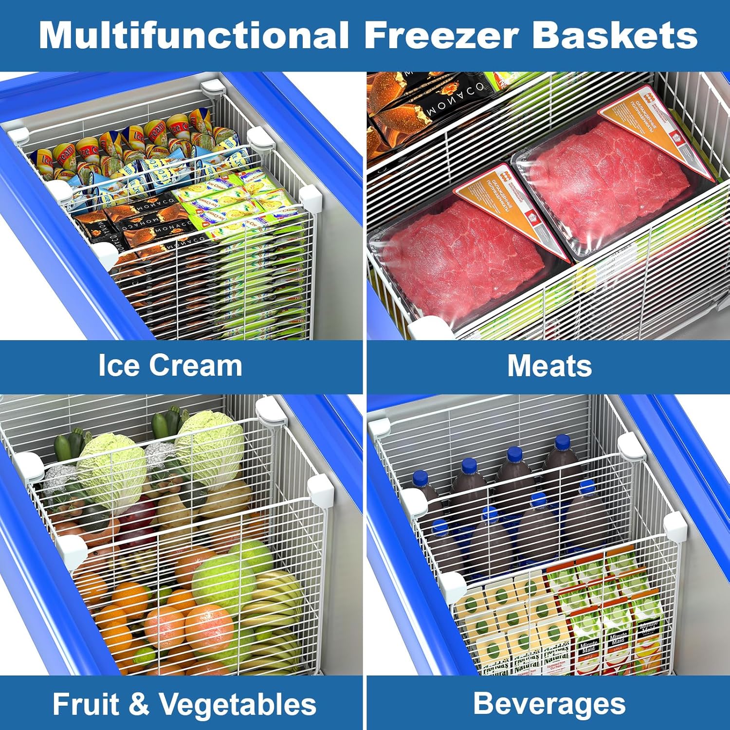 Deep Freezer Organizer Bin 13.8"x13.8"x13.8", Vertical Sides Wire Freezer Baskets with Adjustable Divider Pantry, Freezer Bins for Upright Freezer Meats Frozen Food Snacks Ice Cream Fruits&Vegetables
