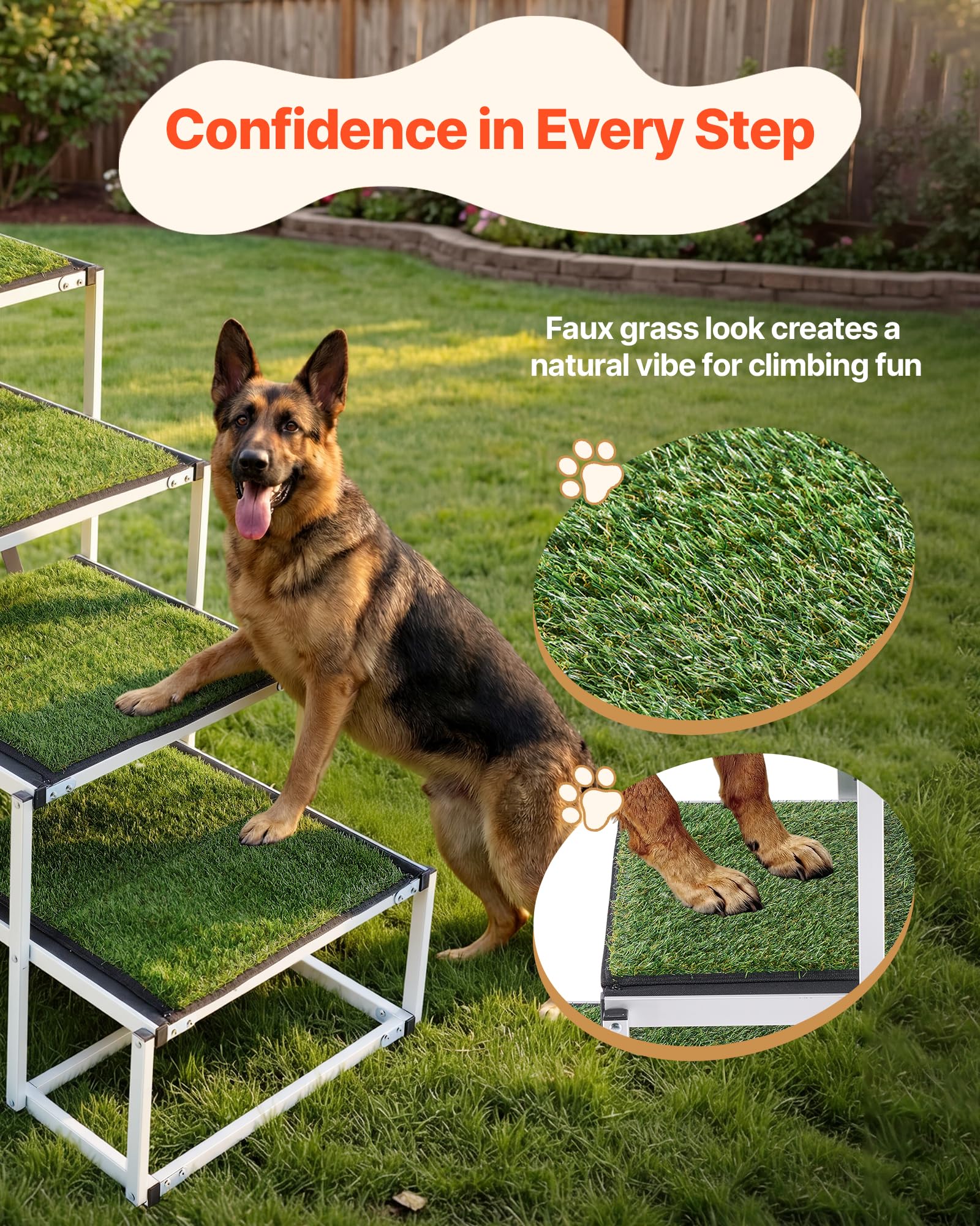 VEVOR Escalera para Perros Plegable para Coche, 4 Peldaños, Rampa para Perros Plegable, Capacidad de Carga de 91 kg, Huella de Hierba Artificial Antideslizante, Ajustable Portátil, Subir a Coche Cama