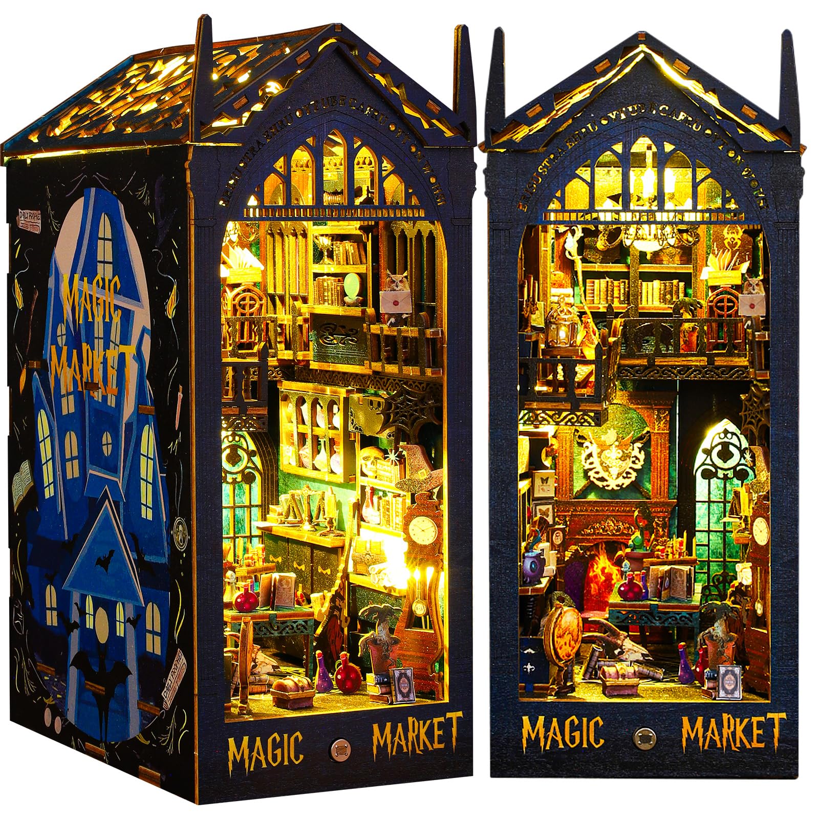 BuzzoXerex Kit Book Nook, Casa Miniatura DIY, Casa Miniatura de Madera, Kit Rincón de Libros 3D en Miniatura con Muebles y Luces LED para Decoración del Hogar Regalos Creativos (Magic Bazaar)