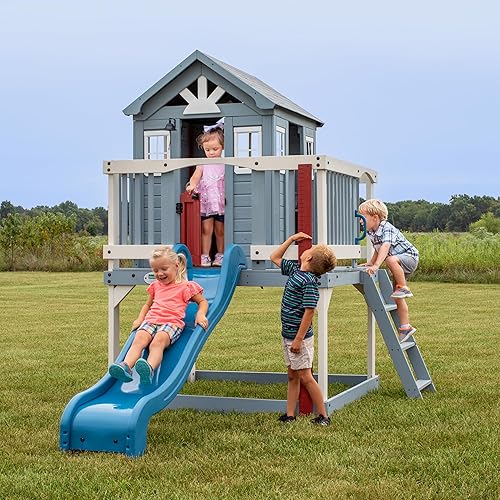 Miniatura 20 de Backyard Discovery Echo Heights - Casa de juegos elevada de madera de cedro para niños con tobogán ondulado, cocina de juegos, terraza envolvente,