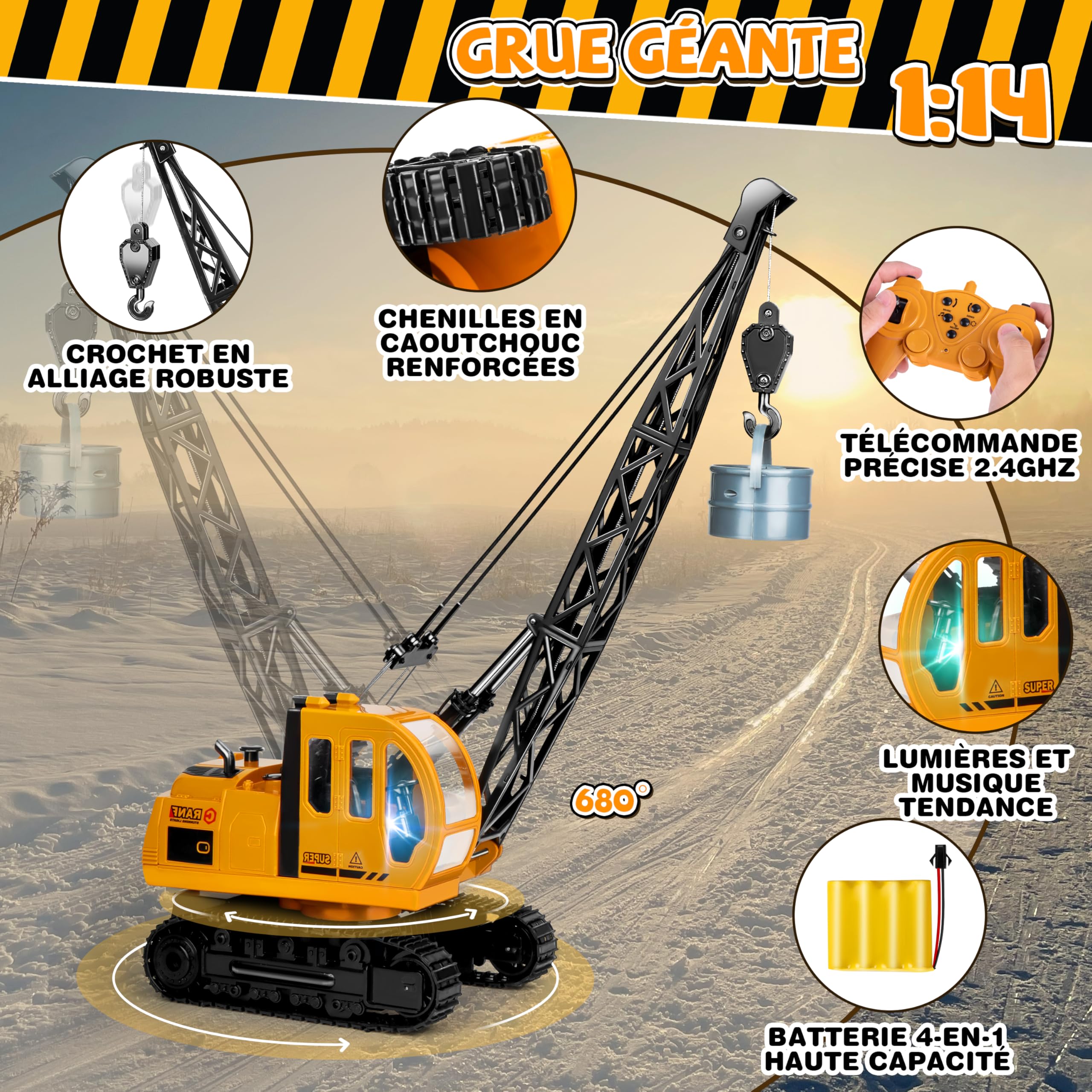 Joellfuner 1:14 Super Grande Grue Telecommandée, Grue Enfant 2,4G avec Lumières et Sons Réalistes, JouetGrue avec 2 Accessoires, Cadeau pour Enfants de 3 à 12 Ans (Très Grand)