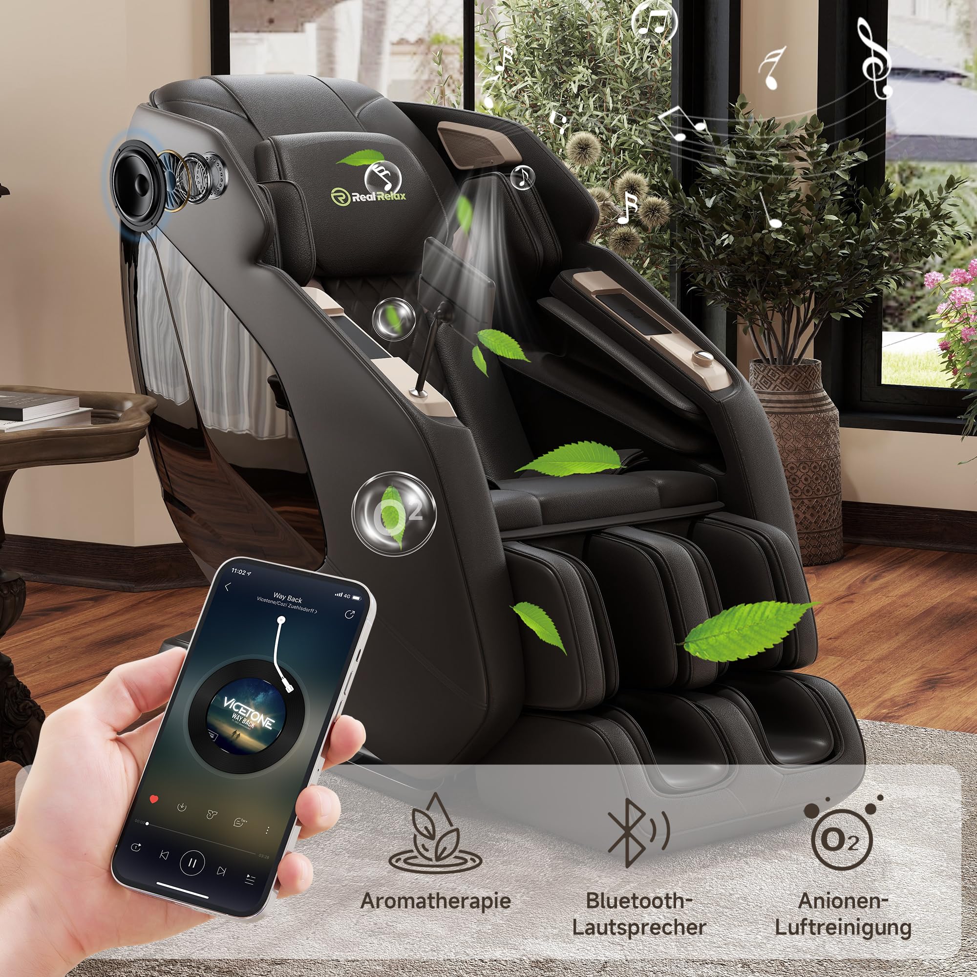 Real Relax 4D-Massagesessel,Ganzkörper-Shiatsu-Massage-Stuhl,Massageliege mit SL-Track,Yoga-Stretching,UI-Touchscreen,Fußrollen,Heizung,PS5200,Schwarz