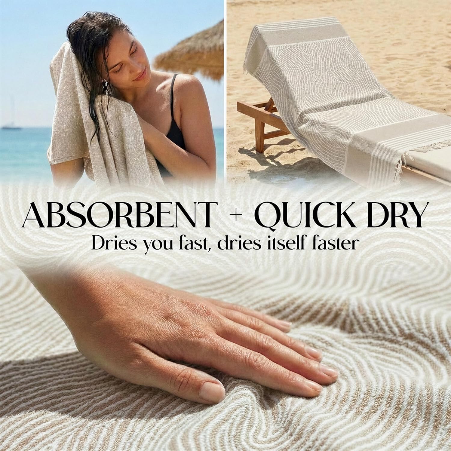 DECOLURE Turkish Beach Towel Oversized 39x73 Inch - 100% Turkish Cotton, Quick Dry and Sand Free Beach Towels for Travel - Lightweight, Absorbent & Soft Peshtemal Towel - (Gray Wave)