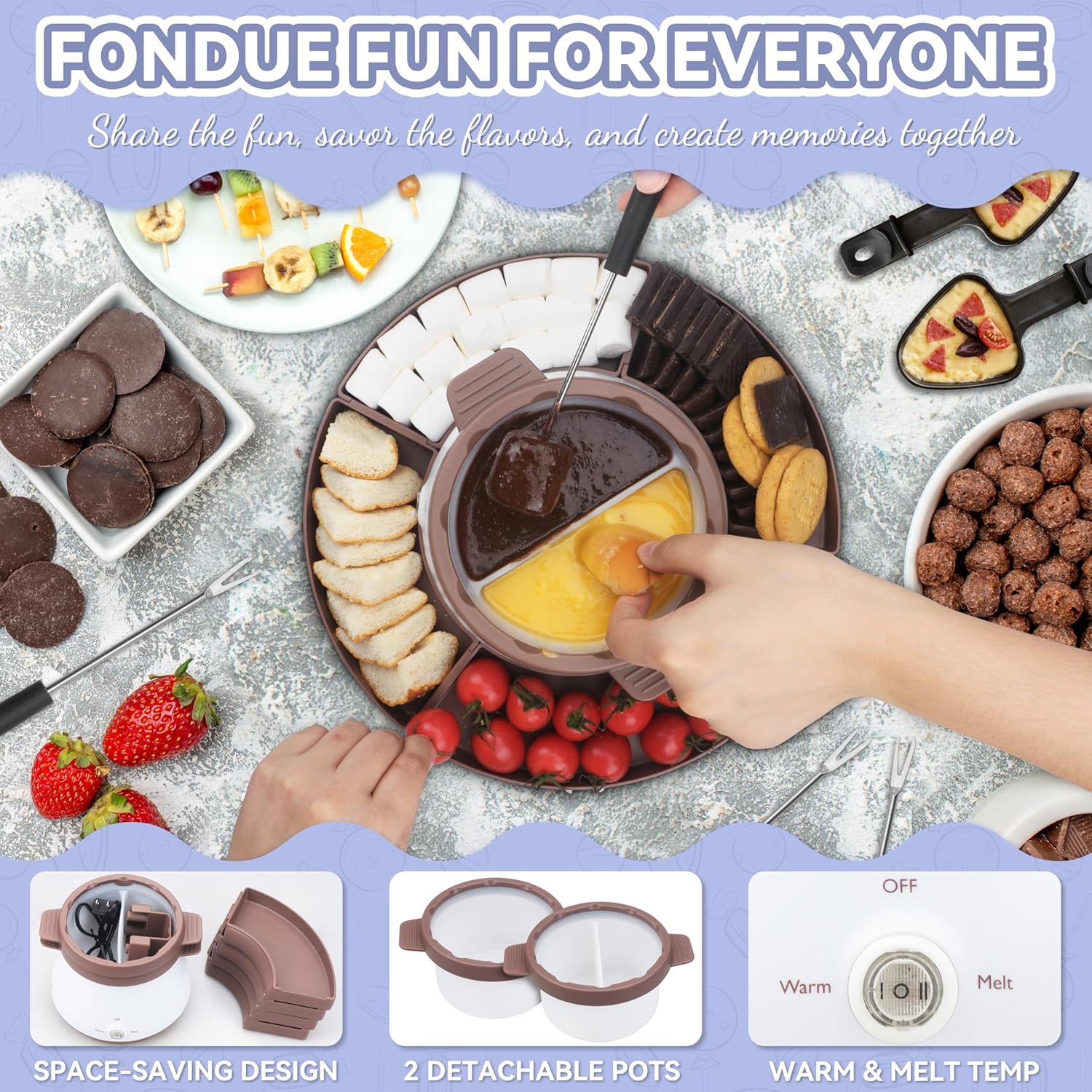 Electric Fondue Pot Set with 2 Pots, Melting Chocolate Warmer for Dipping, Candy & Chocolate Melting Pot, Fondue Pot Electric Set, Fondue Forks Included, 2.5 Cups, Brown
