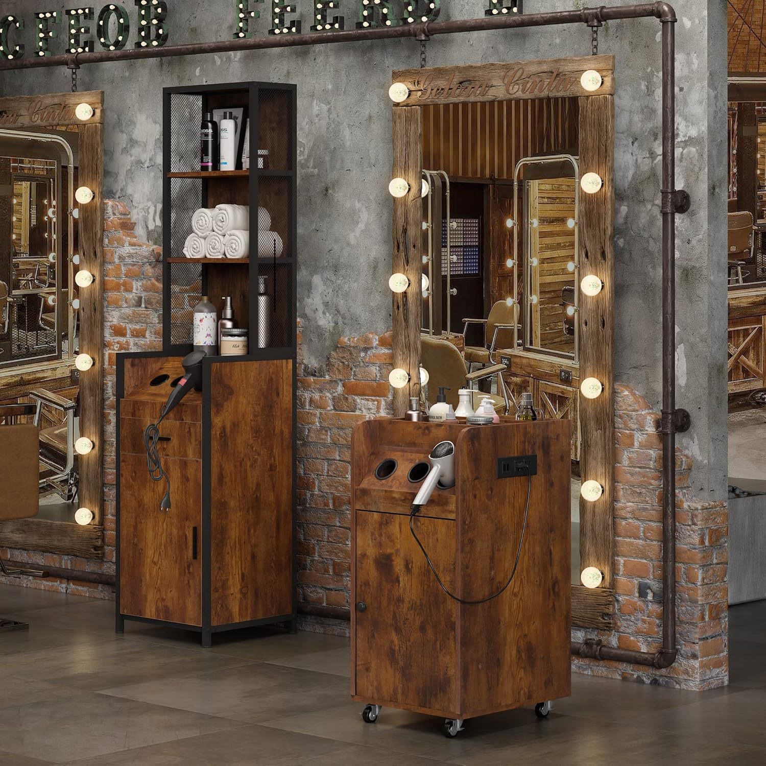 Salon Trolley Cart with Charging Station, Sturdy, Rustic Brown, Hair Stylist