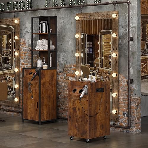 Miniatura 3 de RESHABLE Carrito de salón con estación de carga, resistente, marrón rústico, estilista