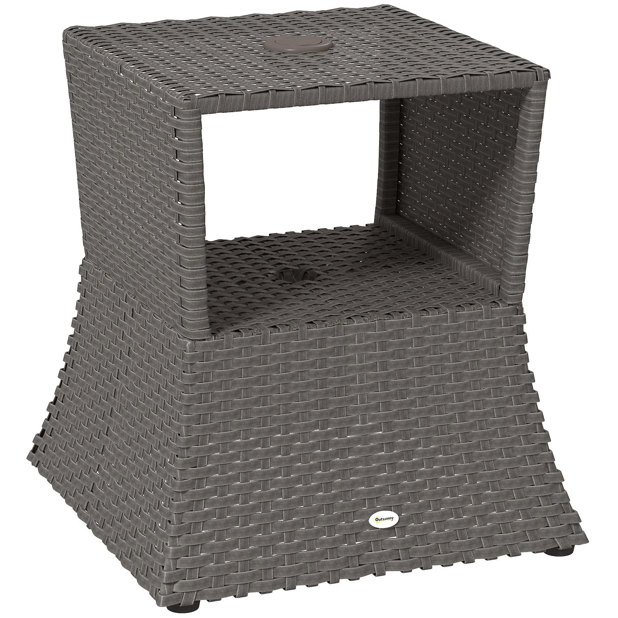Outsunny Rattan Outdoor Coffee Table, Wicker Garden Patio Bistro Side Table with Umbrella Hole and Storage Space for Balcony, Porch, Dark Grey