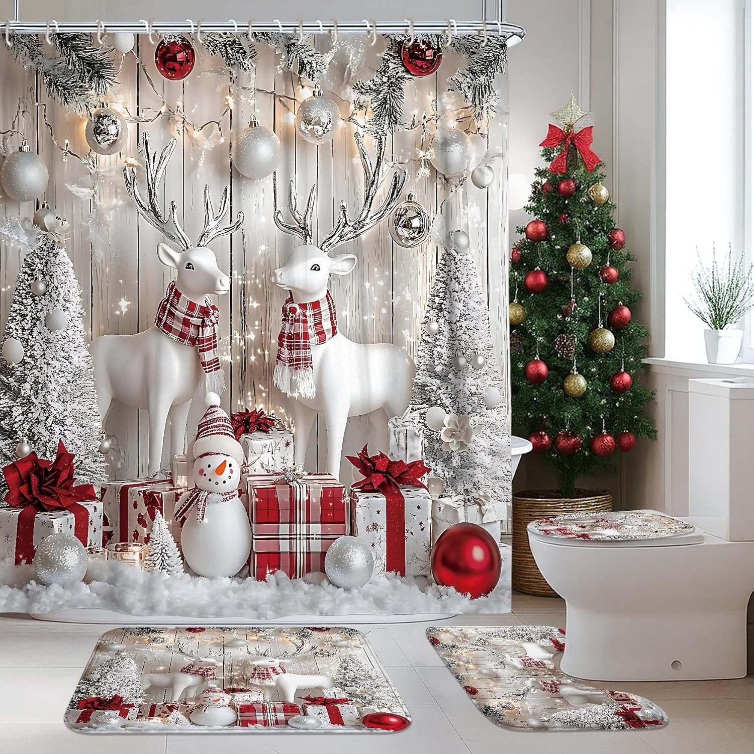 3pcs Christmas Shower Curtain Set, Red White Deer Bath Mat Rugs Accessories for Holiday Bathroom Decor, Cozy Festive Waterproof Fabric Shower Curtain Set with Hooks 72x72 Inch