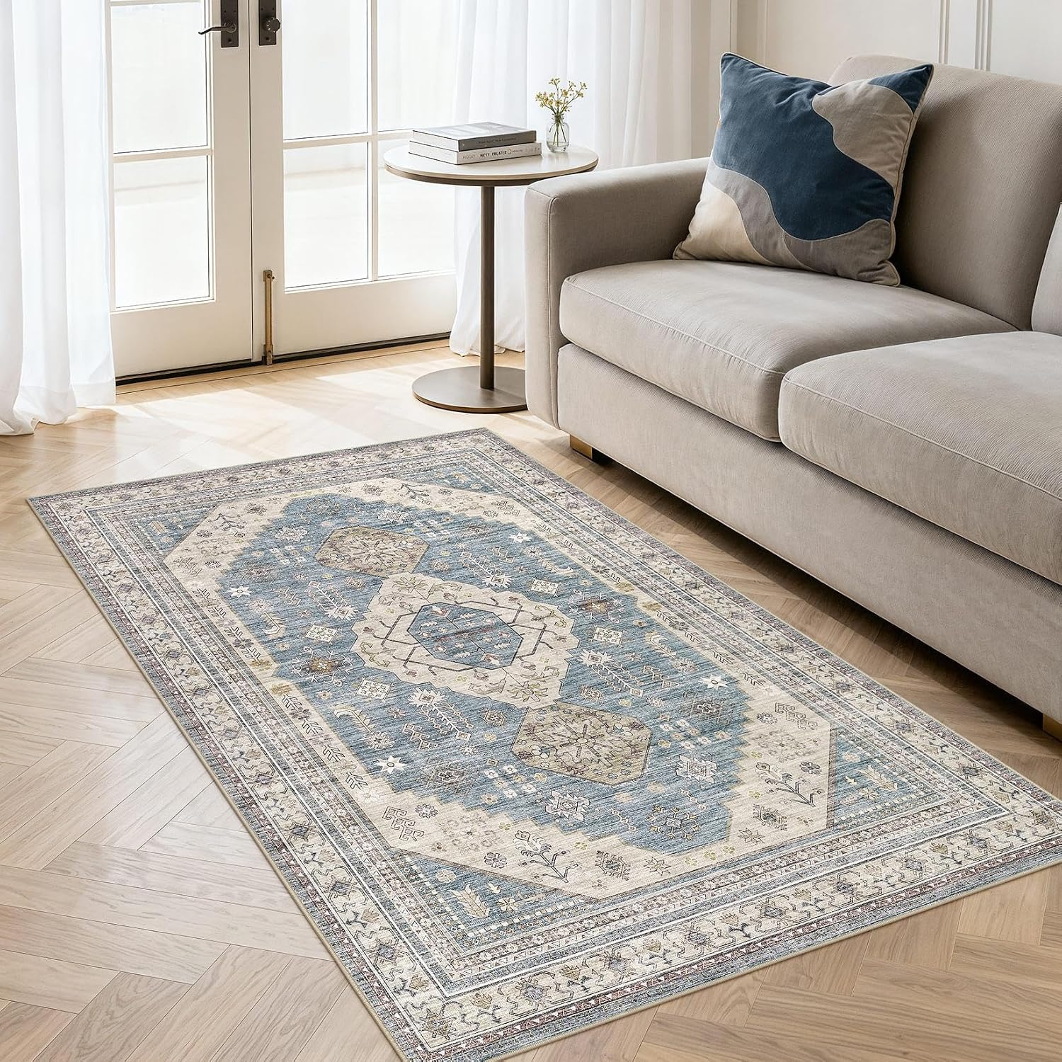 3x5 Washable Area Rug, Large Rugs for Living Room Stain Resistant Non Slip Backing Soft Low Pile Vintage Carpet for Bedroom Dining Room Kid & Pet Friendly Home Decor - Blue