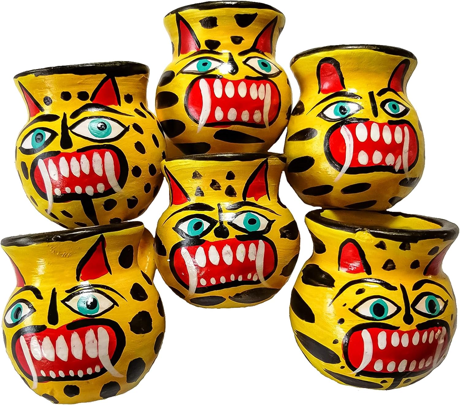 Jacq & Jürgen Set of 6 Mexican Shot Glasses, Handmade Clay Jarritos with Jaguar Design for Tequila and Mezcal