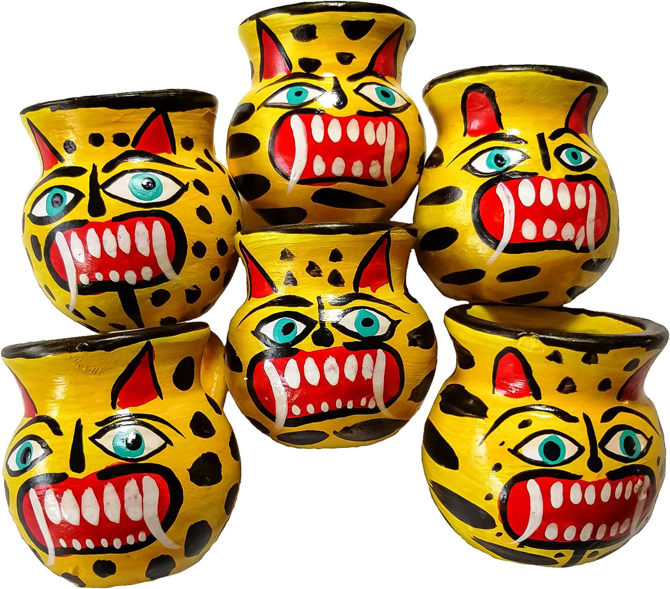 Jaguars Mexican Jarritos Set of 6 Handmade Traditional Tequila & Mezcal Clay Shot Glasses.