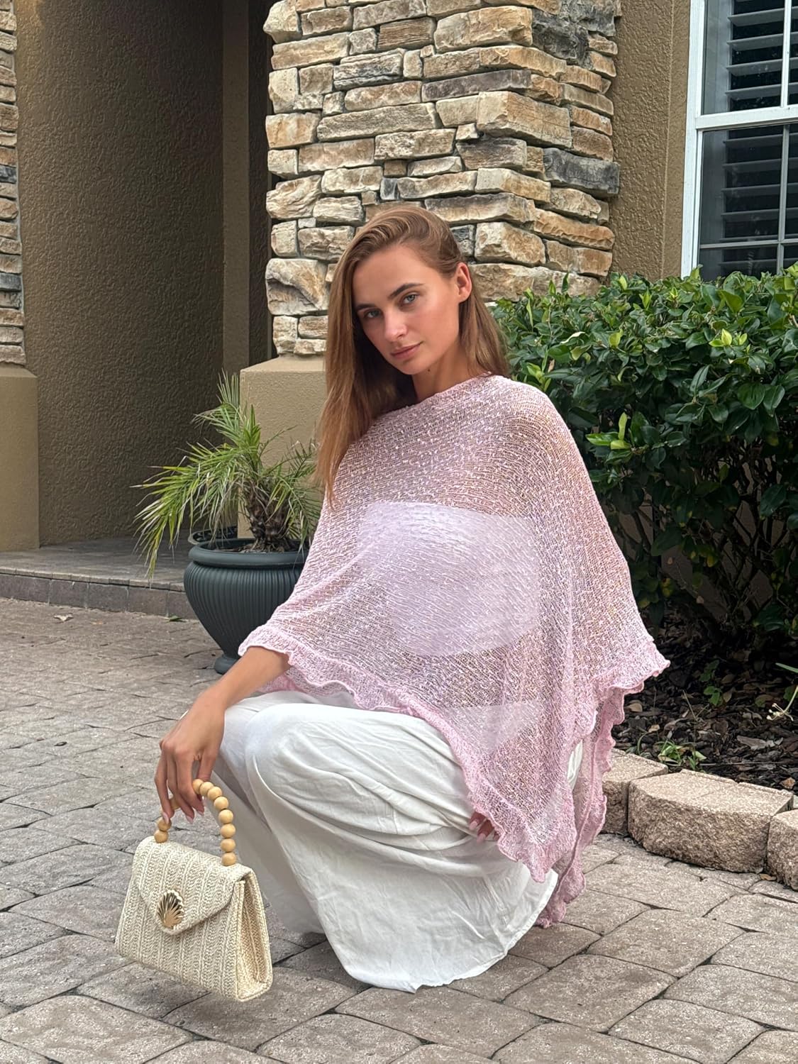 LOMON Womens Sheer Poncho Lightweight Knit Ruffle Beach Cover Ups Mesh Top Lace Summer Outfits 2026
