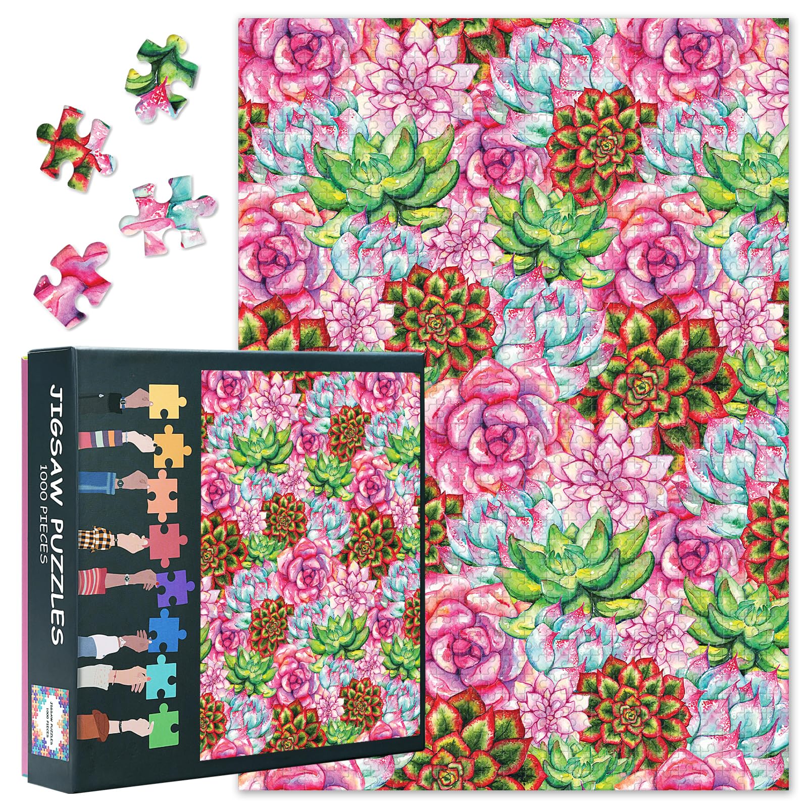 Pink Succulent Puzzles for Adults 1000 Pieces, Succulent Cactus Flower Pplant Jigsaw Puzzles, Adult Puzzle for Adults, Educational Fun Games or Toys for Elders Friends 20X27 INCH