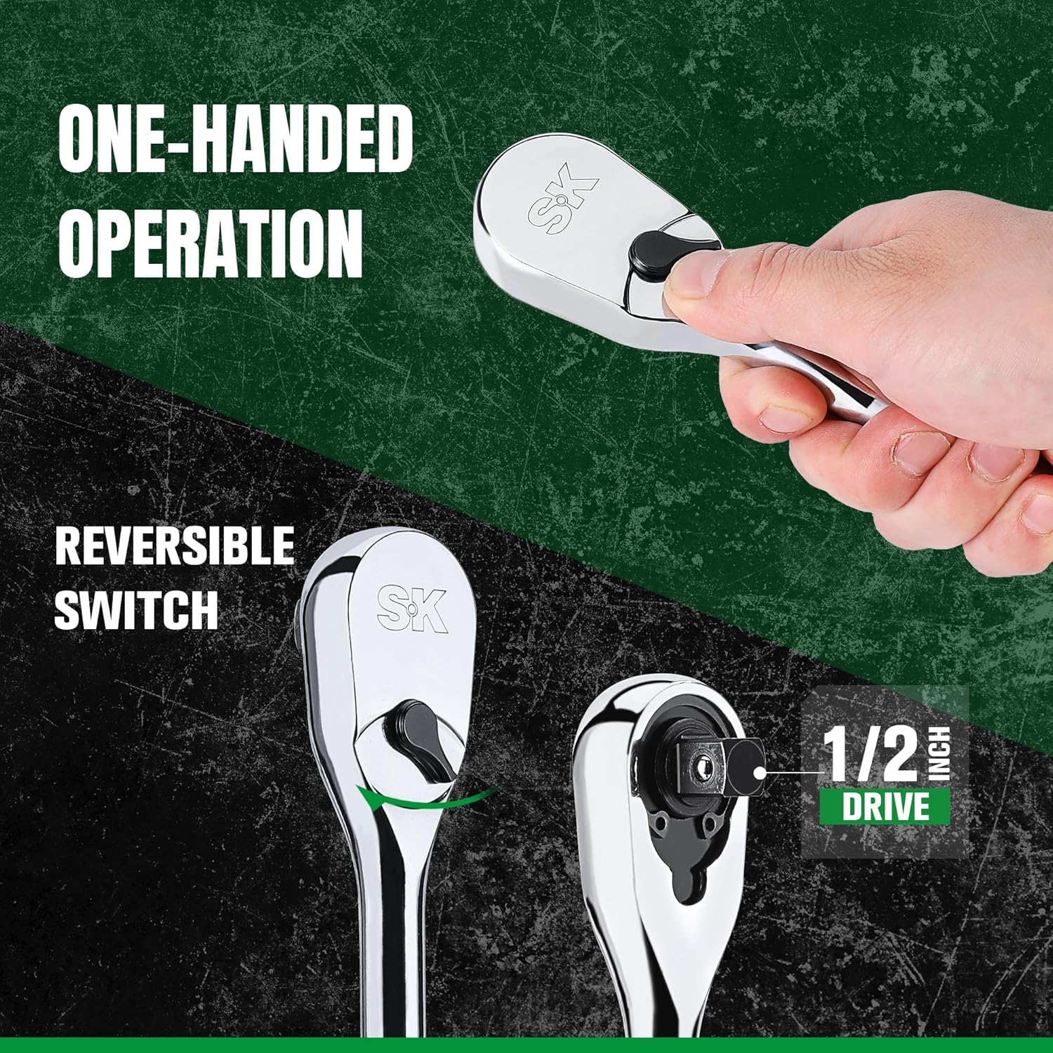 SK 1/2" Drive Ratchet Handle, Pear Head, 90-Tooth Ratchet, Alloy Steel, with Contoured Handle