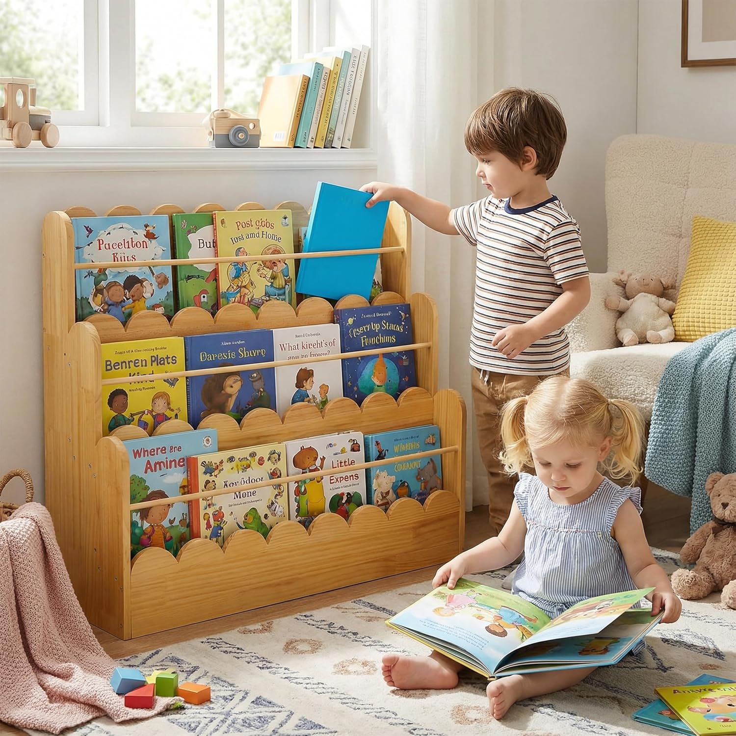 Scalloped Design | 3-Tier Montessori Solid Wood Kids Bookcase | 29.6" Wide Toddler Storage Shelf | Easy Access Floor Display Furniture for Playroom/Nursery - Image 3