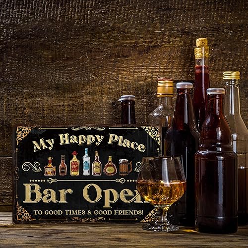 Miniatura 4 de Putuo Decor Letrero de barra para el hogar, letrero de metal retro, con texto en inglés My Happy Place Bar Open, 12 x 8 pulgadas
