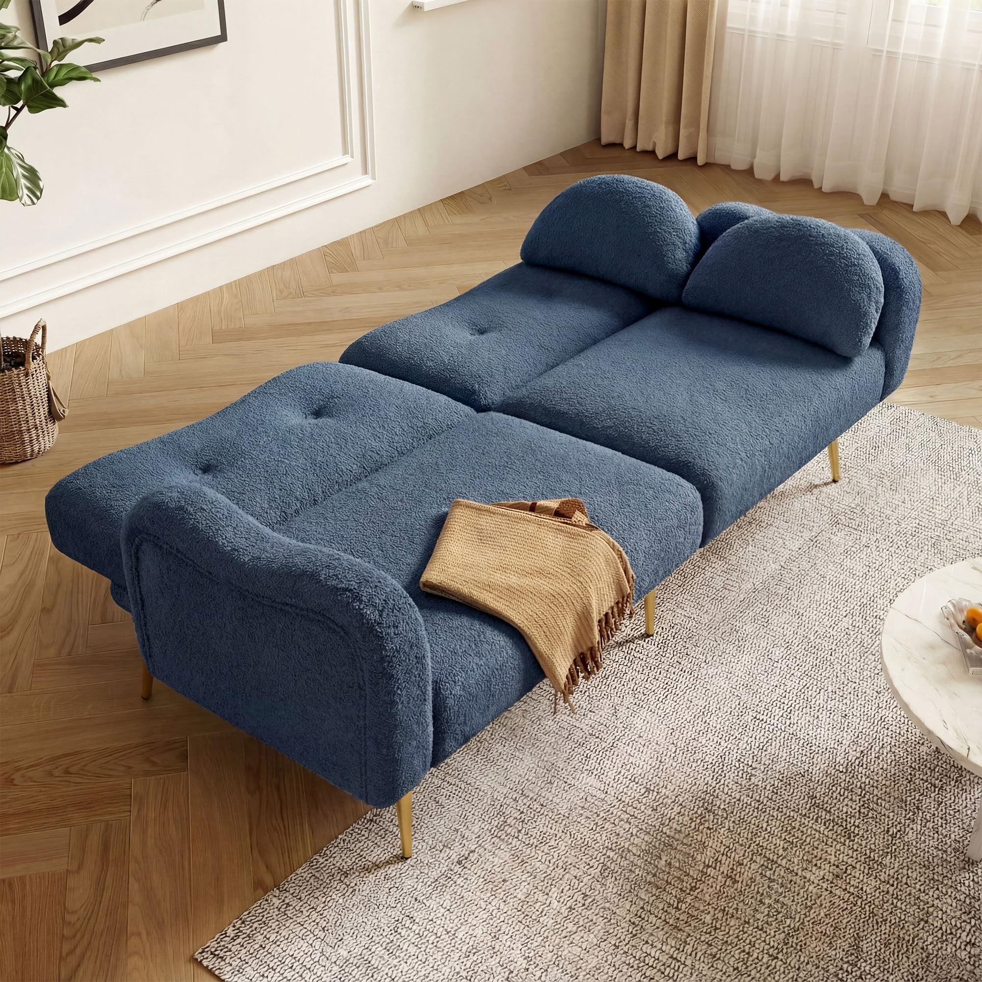 Divano letto a 2 posti con funzione sonno, moderno, schienale regolabile, piedini in metallo dorato, funzione letto integrata, mobile multifunzione 2 in 1, colore: blu-grigio