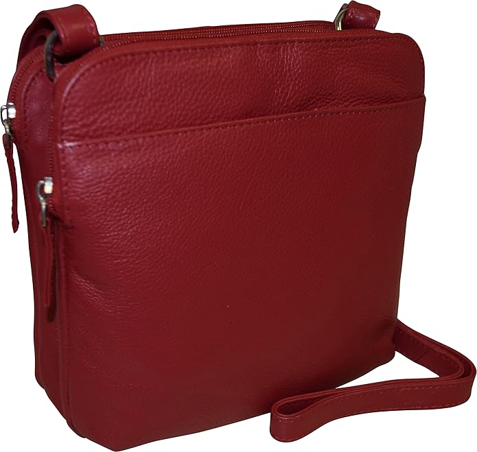 Pielino Women's Genuine Leather Double Zipper Crossbody Bag (Red