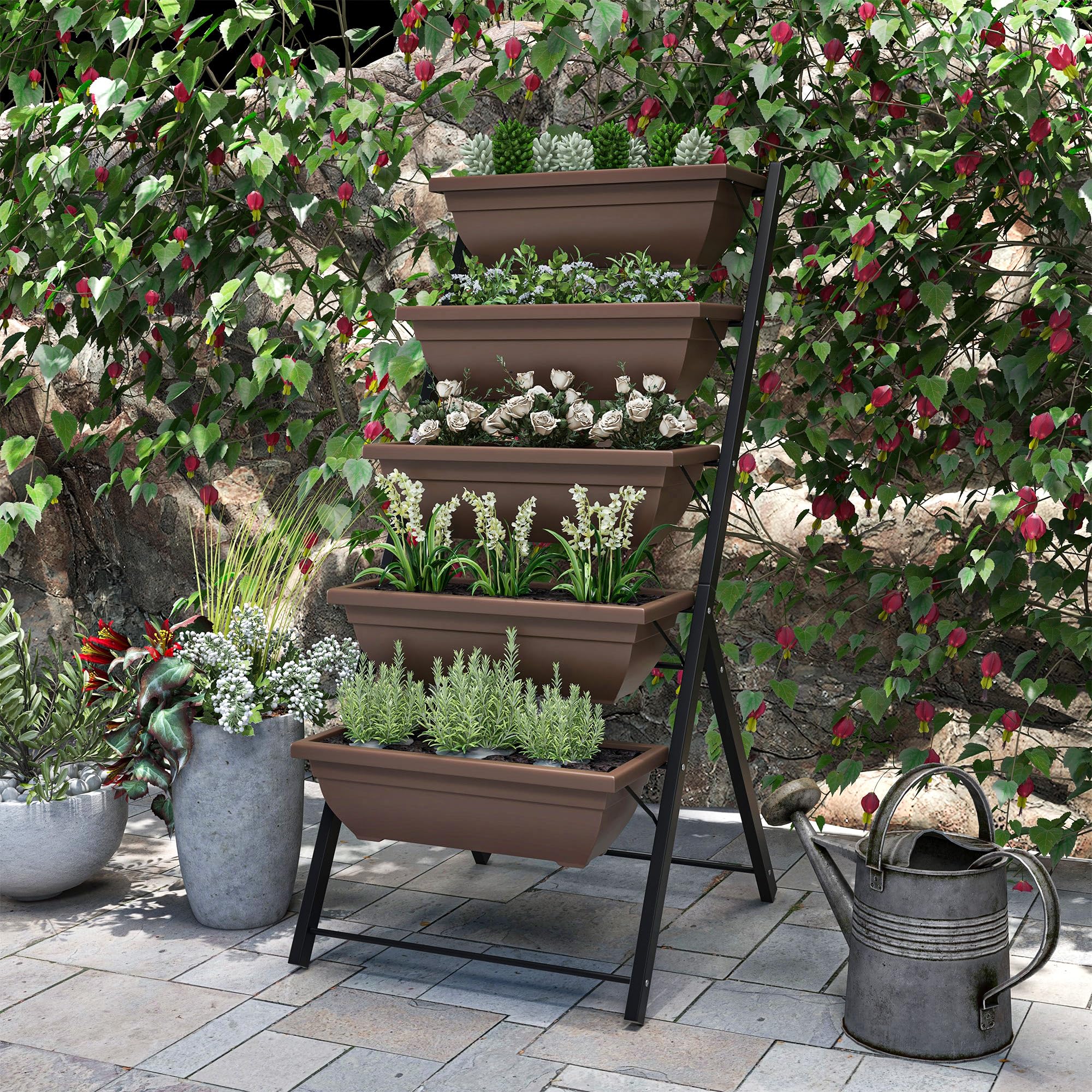 Outsunny Jardinière Surélevée avec Étages Verticale Cadre en Acier Marron | 5 Bacs à Fleurs, Trous de Drainage avec Bouchons en Caoutchouc, Escalier pour Plantes, Légumes, Herbes