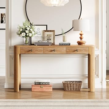 Quarte Rustic Console Table with Curved Corners for Safety, Entryway Table with 3 Concealed Drawers, Sturdy Sofa Table with Thick Legs for Hallway & Living Room Natural/C22
