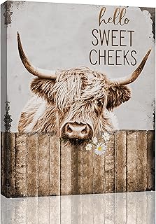 Highland Cow Bathroom Decor Wall Art Funny Rustic Cow Pictures Wall Decor Farmhouse Bathroom Decor Country Cattle Painting Canvas Print Decorations For Office Bedroom Kitchen Dining Room Framed 12x16 inch