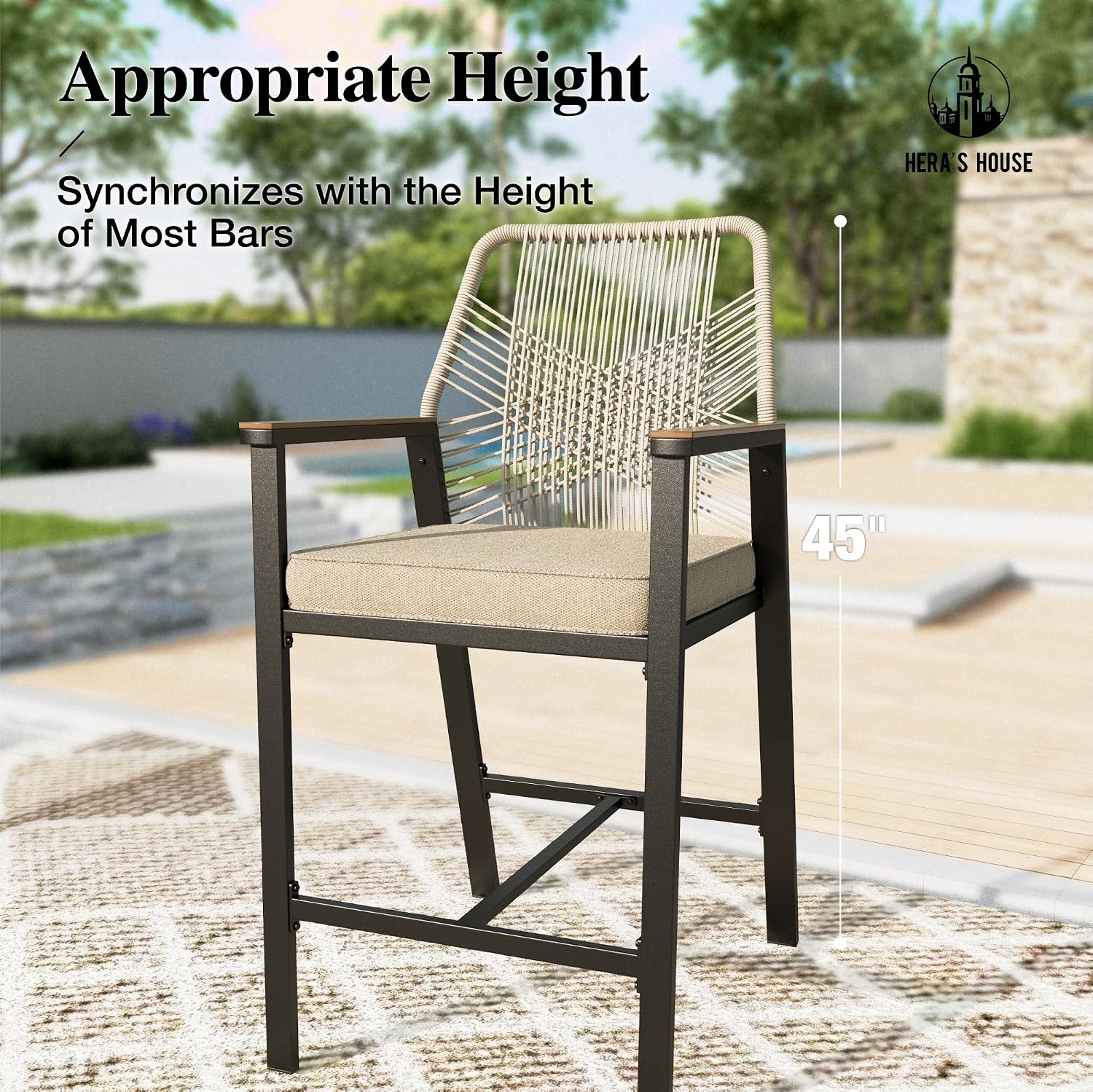 HERA'S HOUSE Outdoor Bar Stools Set of 6, High Top Patio Chairs with All Weather Cushion Pro Fabric, Bistro Set for Backyard, Lawn Garden, Balcony,Poolside