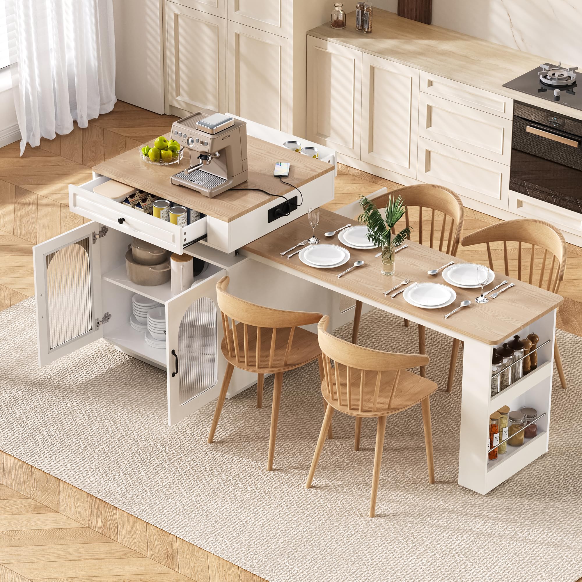 Tavolo da pranzo convertibile a isola su ruote, allungabile, a LED, con barra a strisce elettriche, versatile credenza bianca per cucina e sala da pranzo, mobili salvaspazio